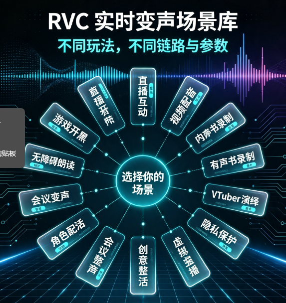RVC 场景应用选择导航截图,展示游戏开黑、直播、配音、有声书和隐私通话等使用场景