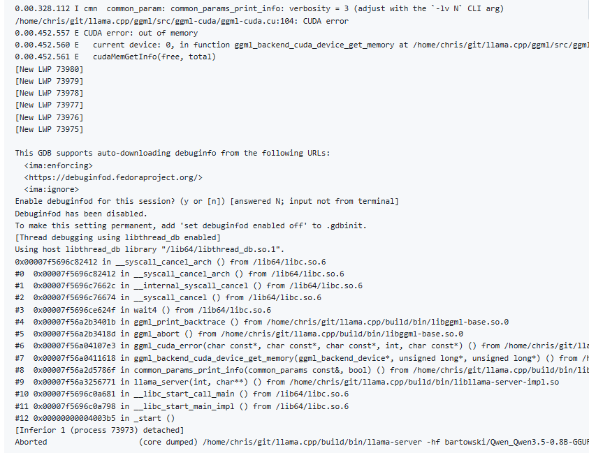CUDA out of memory 报错日志截图，显示 CUDA error out of memory 和显存获取失败信息