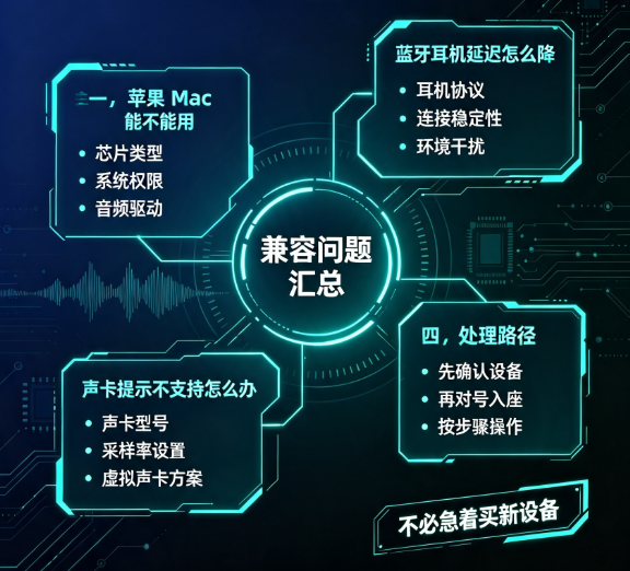 RVC 设备兼容场景对照截图,展示 Mac、蓝牙耳机和声卡兼容相关设置